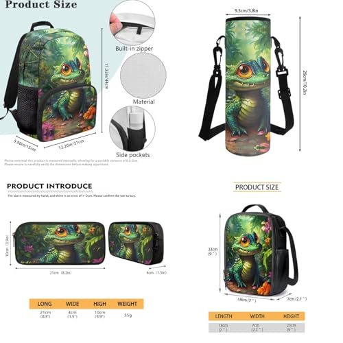 JEOCODY Bearded Dragon Lizard Backpack for Kids School Bag with Lunch Bag Pencil Case and Water Bottle Holder Set of 4 Boys Girls School Daypack Travel Bag Satchel Bagpack - color: Bearded Dragon Lizard