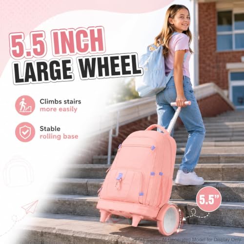 CCJPX 3Pcs Women & Girls Rolling Backpack with Bigger Wheels, Extra-Large Wheeled Bookbag with Lunch Box, Water Resistant Extra-Large Roller Luggage for Travel, Work, College (Pink) - color: Pink(upgrade Large Wheel)