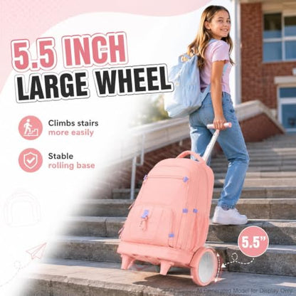 CCJPX 3Pcs Women & Girls Rolling Backpack with Bigger Wheels, Extra-Large Wheeled Bookbag with Lunch Box, Water Resistant Extra-Large Roller Luggage for Travel, Work, College (Pink) - color: Pink(upgrade Large Wheel)