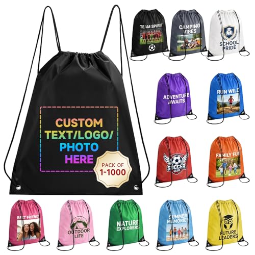 Custom Drawstring Bags With Logo, 2 Pcs Personalized Drawstring Backpacks Bulk String Bag for Travelling, Gym and for Everyday Use - color: Black