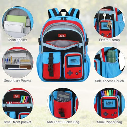 TILYTADLY School Backpack for Boys - 4PCS Gamer Boys Backpack with Lunch Box Set for Elementary Middle School - Students Bag for Ages 6-18,18″ Video Game Bookbag Travel Back Pack - color: Red-blue Backpack Set