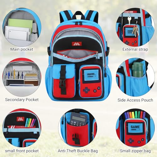 TILYTADLY School Backpack for Boys - 4PCS Gamer Boys Backpack with Lunch Box Set for Elementary Middle School - Students Bag for Ages 6-18,18″ Video Game Bookbag Travel Back Pack - color: Red-blue Backpack Set