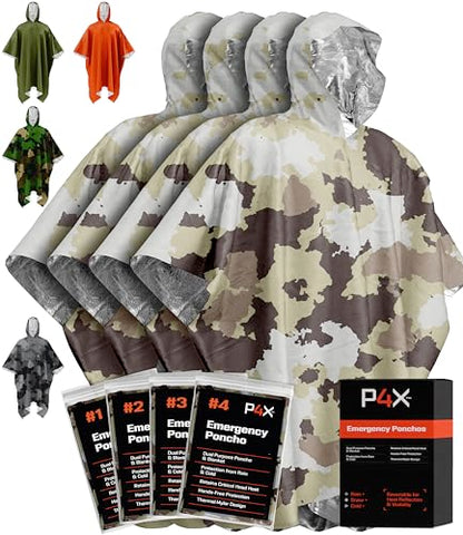 PREPARED4X Emergency Mylar Poncho – Survival Rain Poncho with Hood – Lightweight, Compact, Reusable Emergency Blanket Poncho for Hiking, Camping, Thermal Gear, Car Kit, Outdoors - color: Snow Camo 4-pack
