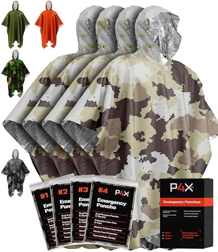 PREPARED4X Emergency Mylar Poncho – Survival Rain Poncho with Hood – Lightweight, Compact, Reusable Emergency Blanket Poncho for Hiking, Camping, Thermal Gear, Car Kit, Outdoors - color: Snow Camo 4-pack
