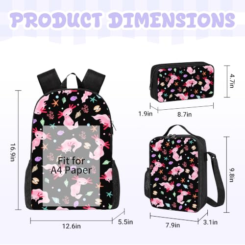 3PCS Axolotl Backpack for Boys Girls Teens, School Backpack with Lunch Box Pencil Case for Elementary Middle High Students, 17 Inch Lightweight Bookpack 3 in 1 Set Back to Shool Supplies for Kids - color: Axolotl