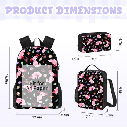 3PCS Axolotl Backpack for Boys Girls Teens, School Backpack with Lunch Box Pencil Case for Elementary Middle High Students, 17 Inch Lightweight Bookpack 3 in 1 Set Back to Shool Supplies for Kids - color: Axolotl