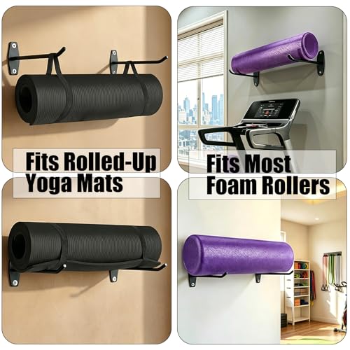 Yoga Mat Wall Mount Hanger ,Metal Yoga Mats Storage Rack, Home Gym Storage with 8 Clips, No-Roll Flat Storage for Folded/Rolled Mats, Foam Rollers, Towels, Resistance Bands, Black Wall Organizer for Gym, Yoga Studio, Bedroom