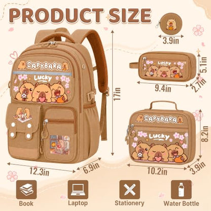 Capybara Backpack for Girls, 4 PCS Capybara Backpack with Lunch Box Set, Cute Kawaii Large Laptop Bookbag, School Bag for Elementary Kids & Teens - color: Capybara