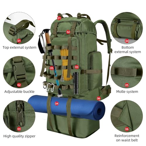70L/100L Camping Hiking Backpack with Rain Cover, Expandable Large Military Tactical Backpack, Waterproof Molle Racksack Travel Backpacking Daypack for Climbing Trekking (Green) - color: Green