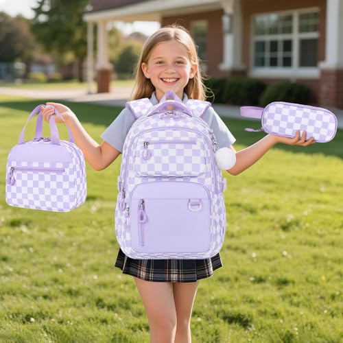 Bevalsa Backpack for Girls 3PCS Teen Girls Backpack for School with Lunch Bag Pencil Case Purple Cute Kids Laptop Backpacks Bookbag for Elementary Middle High School College Student (Checkerboard) - color: Purple Checkerboard