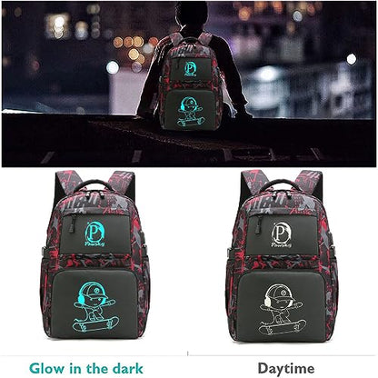 Skateboard Anime Luminous Backpack School Backpack with USB Charging Port for Teen Boys, College School Bookbag Lightweight Laptop Bag with Sling Bag Set, Red - style: Skateboard-red1