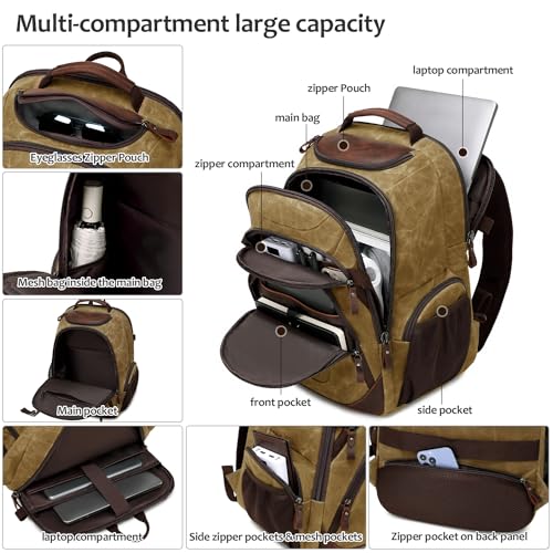 Travel Laptop Backpack 17.3 inch XL Computer Backpack for Men Waxed Canvas College Daypack Business Backpack Brown - color: Brown