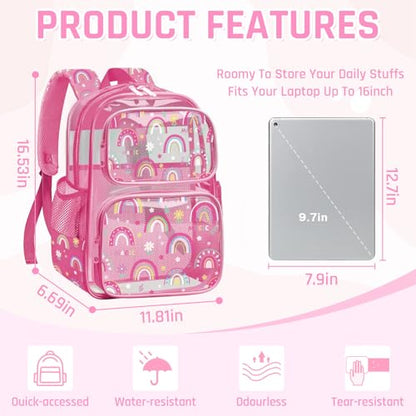 Clear Backpack for Boys and Girls,Kids Clear Backpacks for School,Heavy Duty Transparent Bookbag Stadium Approved - color: Pink-rainbow-backpack Only