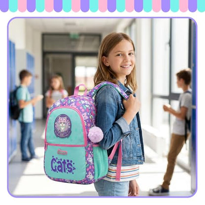 Girls School Backpack for Kids Ages 6-8,Backpack for Girls Cute Cat Lightweight Bookbag Perfect Back to School Gift for Kids with Lunch Box Pencil Case - color: Purple Blue Cat