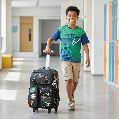 Rolling Backpacks for Boys School Backpacks with Wheels for Elementary Preschool Students Kids Travel Luggage Suitase for Boys Blake Football - color: B Black Football