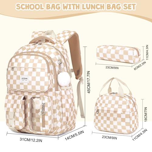 ACESAK Backpack for Girls - Girls Backpack with Lunch Bag & Pencil Pouch for Teen Kids Laptop Backpack for Women, Elementary Middle High School Bookbag Travel Daypack (Brown Checkered) - color: Brown Checkered