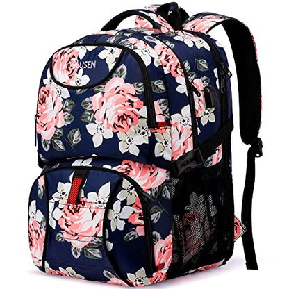 HILUSEN Lunch Cooler Backpack for Women, Extra Large 17 inch Travel Laptop Backpack with USB Charging Port, Water Resistant - color: Blue Pink