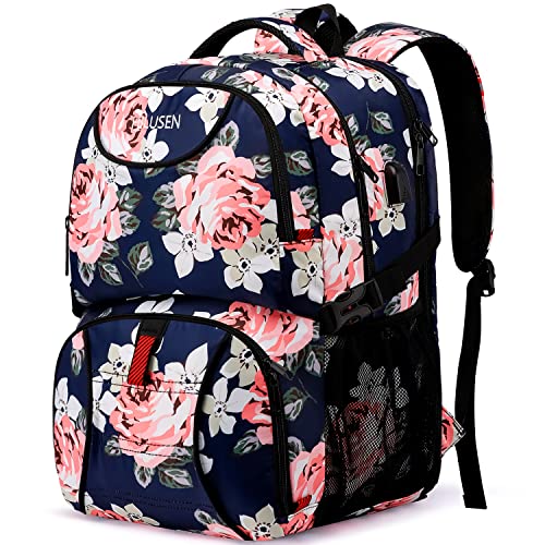 HILUSEN Lunch Cooler Backpack for Women, Extra Large 17 inch Travel Laptop Backpack with USB Charging Port, Water Resistant - color: Blue Pink