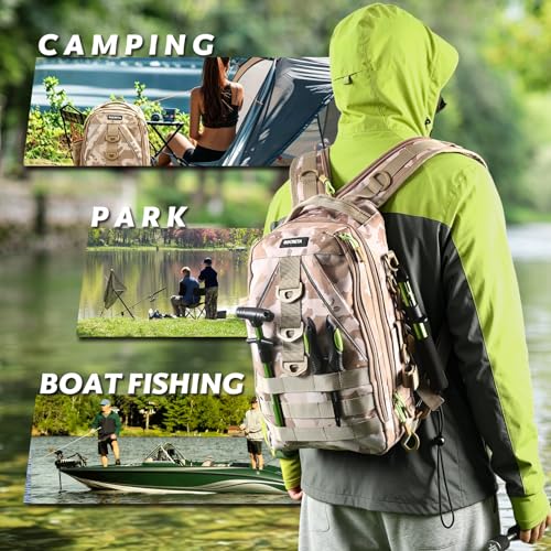 Fishing Backpack with Tackle Boxes,Fishing Lure Kit and Tool | Waterproof Fishing Tackle Bag With Rod Holder, Sling Backpack wtih Fishing Gear, Fishing Gifts for Men Woman Anglers - color: Khaki Camouflage Fishing Backpack Set