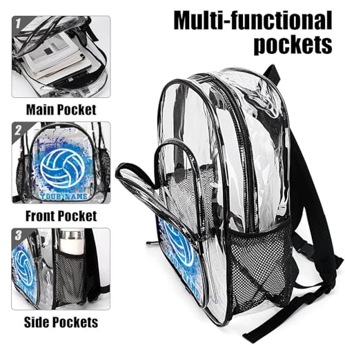 Custom Volleyball Clear Backpack Heavy Duty for Girls Kids Boys | Large Cool PVC Volleyball Theme Printing Transparent Backpacks for Schools Stadium Concerts Work - Clear/Black - color: Volleyball Clear Backpack 2 Black With Front Pocket Custom