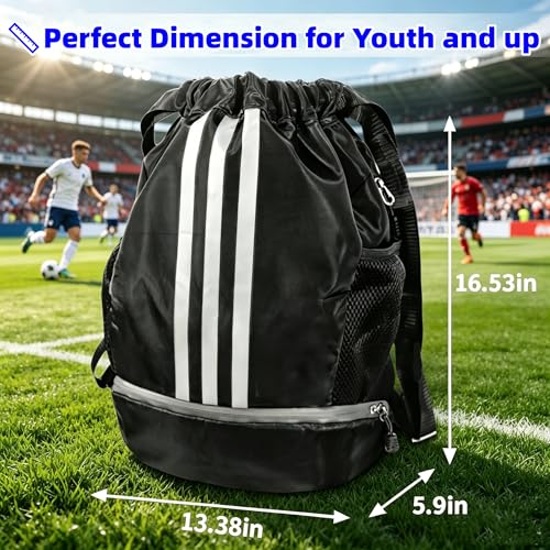 Soccer Bag, Youth Soccer Basketball Bag with Compartments Drawstring Backpack for Football Volleyball Gym Training (Black) - color: Black