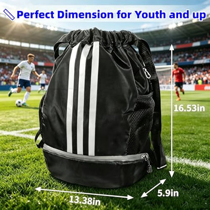 Soccer Bag, Youth Soccer Basketball Bag with Compartments Drawstring Backpack for Football Volleyball Gym Training (Black) - color: Black