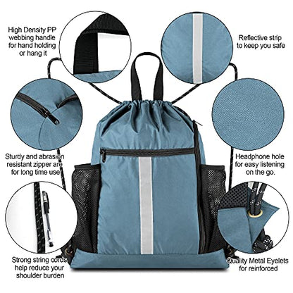 BeeGreen Blue Sport Cinch Bag String Backpack with Shoe Compartment and Two Side Mesh Pockets Machine Washable Sturdy Gymsack Drawstring Sackpack - color: Blue Haze, style: Drawstring With Shoe Compartment