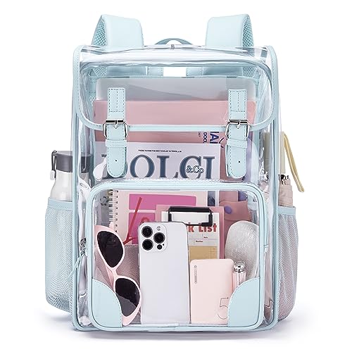 mommore Clear Backpack Heavy Duty Large Clear Bookbag for School Transparent PVC Stadium Approved See Through Back Pack - color: Blue, style: Clear Backpack