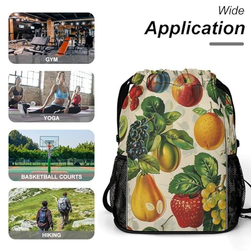Drawstring Gym Backpack with Shoe Compartment And Wet Pocket, 28L Lightweight Waterproof Various Fruit Sports Backpack for Workout Swim Beach Travel String Bag for Men Women