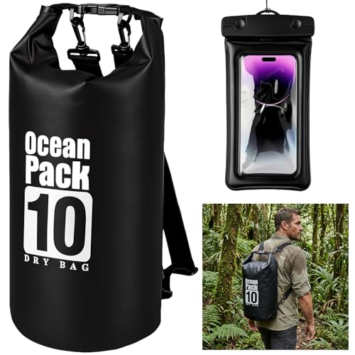 Waterproof Dry Bag 10L, Roll Top Closure Black Water Proof Backpack, Heavy Duty Hunting Backpack, Durable Floating Dry Bag for Kayaking Boating Hiking with 7" Black IPX8 Waterproof Phone Case - color: Black dry bag 10L + Phone pouch 7"