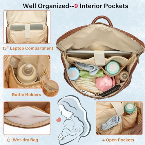 Leather Diaper Bag Backpack for Boy Girl Twins, Toddler Diaper Bag with Multiple Pockets, Cooler Compartment - color: Zeal Brown