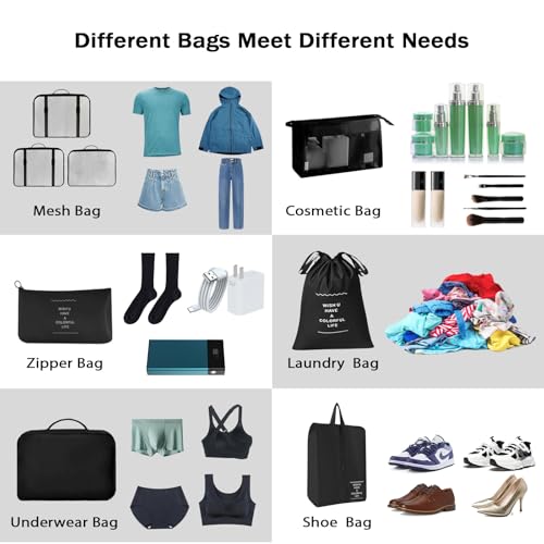 8 Set Packing Cubes for Suitcases, INVODA Travel Luggage Packing Organizers with Laundry Bag, Compression Storage Shoe Bag, Clothing Underwear Bag (Black) - color: Black