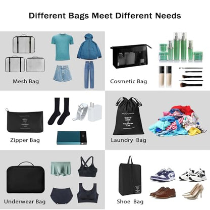 8 Set Packing Cubes for Suitcases, INVODA Travel Luggage Packing Organizers with Laundry Bag, Compression Storage Shoe Bag, Clothing Underwear Bag (Black) - color: Black