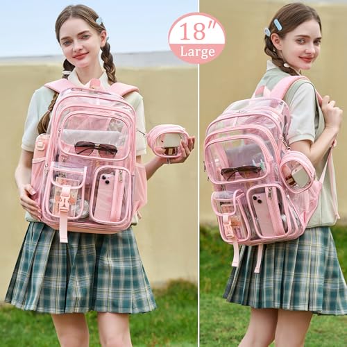 Clear Backpack for School,18 Inch Extra Large Heavy Duty Bookbag for Girls and Boys,Durable See Through PVC Transparent School Backpack for Travel(Pink) - color: Pink
