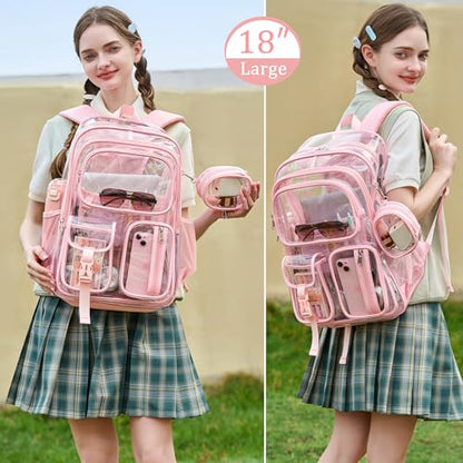 Clear Backpack for School,18 Inch Extra Large Heavy Duty Bookbag for Girls and Boys,Durable See Through PVC Transparent School Backpack for Travel(Pink) - color: Pink