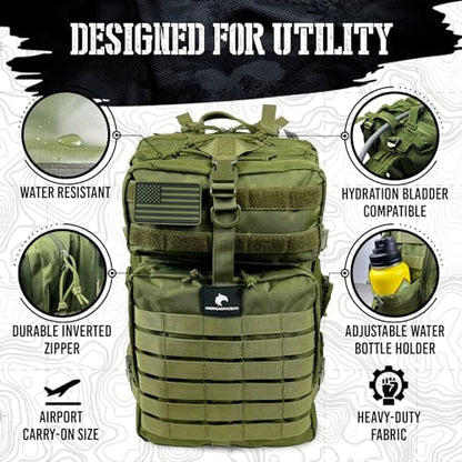 AMERICANPHOENIX 45L Elite Tactical Backpack | 3X Stronger Work & Military Backpack | Water Resistant and Heavy Duty | 3 Day MOLLE Bug Out Bag (Olive Green) - color: Olive Green