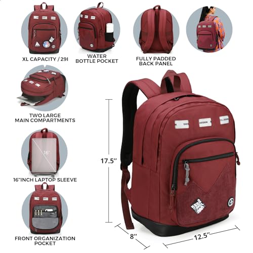 Swissdigital Design Big Student Laptop Backpack with Fun Personalized Patches For College Boy & Girl, Middle High School Teen Bookbag Cool Travel Daypack Burgundy - Includes 3 Patches | SD1718-44 - color: Burgundy
