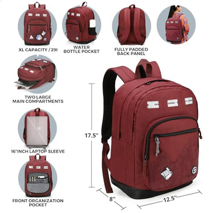 Swissdigital Design Big Student Laptop Backpack with Fun Personalized Patches For College Boy & Girl, Middle High School Teen Bookbag Cool Travel Daypack Burgundy - Includes 3 Patches | SD1718-44 - color: Burgundy