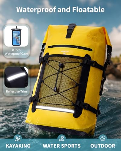 ECOHUB Waterproof Backpack for Women Men, 30L Roll-Top Closure Heavy Duty Dry Bag for Travel with IPX8 Waterproof Phone Case - color: Yellow