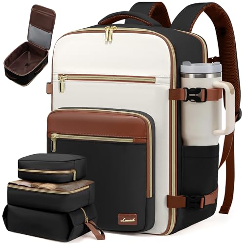 LOVEVOOK Travel Backpack For Women,40L Carry On Backpack Flight Approved,TSA Personal Item Travel Bag Fits 17 Inch Laptop,Business Weekender Overnight Daypack with Back Pad and Chest Buckle,Cubes - color: Black and White and Brown, size: 17.3 Inch-40L-4Pc