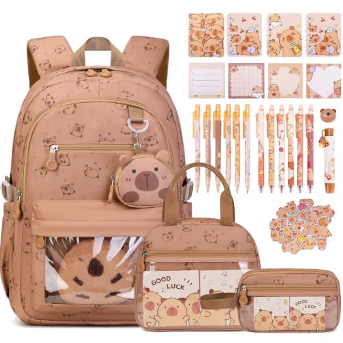 Capybara Theme Backpack for School Girls, 35PCS Kids Backpack Set with School Supplies Stationery Kit Lunch Box Pencil Case, Cute Girls Bookbag for Kindergarten Elementary Student - color: Brown