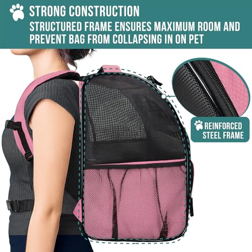 PetAmi Dog Backpack Carrier for Small Medium Dogs Large Cats up to 18 lbs, 2 Side Entry, Structured No-Collapse Frame, Airline Approved Ventilated Pet Backpack for Hiking Camping Travel Vet, Pink - color: Pink
