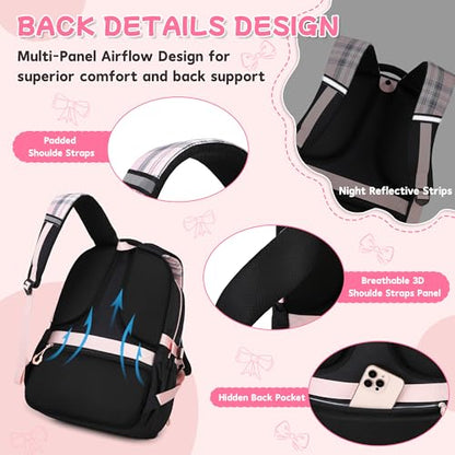 Girls Backpack, 17-Inch Bookbag for Middle & Elementary School, Kawaii Kids Backpack for Girls Ages 6-12(Black Pink) - color: Black Pink
