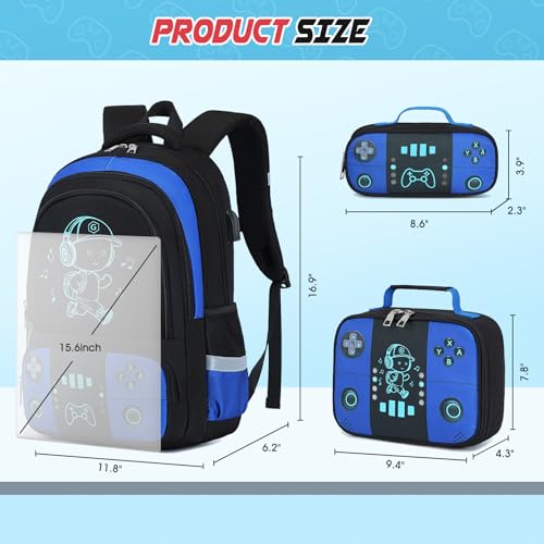 Bevalsa Backpack for School Boys, Cool Luminous Gamer Boys Schoolbag with Lunch Box & Pencil Case Set for Kids Teens Elementary Middle School, Bookbag Glow In The Dark(Blue School Backpack) - color: Blue School, style: Backpack