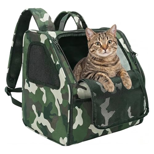 Cat Carrier Backpack Camouflage Cat Backpack Carrier Pet Travel Bag | 3-Sided Breathable Mesh, Foldable & Lightweight, Built-in Safety Leash, Front Pocket Storage, Fits Pets up to 11 lbs