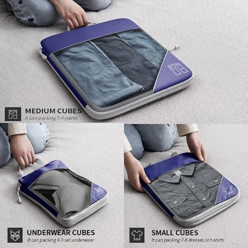 9-Set Packing Cubes with Hanging Bag | 9-Size Combination, Mesh Fabric & Reflective Stripe | Travel Luggage Organizers (Navy) - color: Navy