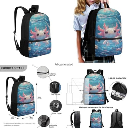 Cute Axolotl Backpack for Girls Kids Backpack with Lunch Box Water Bottle Carrier with Strap and Big Pencil Case 4PCS Set Bookbag with Front Pocket for School 17" Sturdy Elementary School Bag - color: Axolotl-1