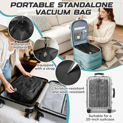Travel Backpack with Compression Vacuum Storage Bag & Electric Pump, Expandable Flight Approved Carry On Backpack, 18x14x8 inches Personal Item Travel Bag for Men Women, Blue - color: Blue