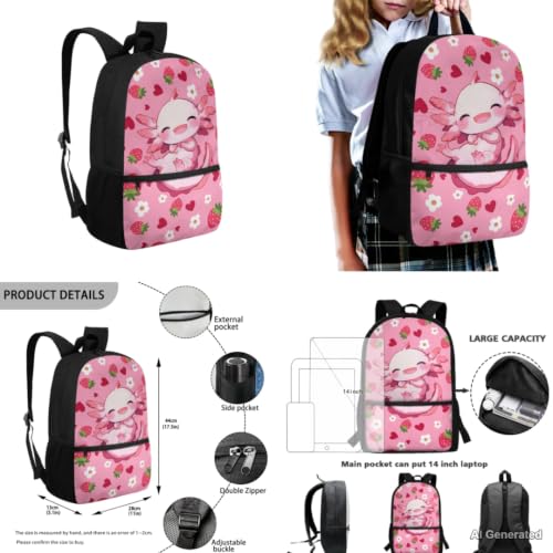 Strawberry Axolotl Backpack for Girls Kids Backpack with Lunch Box Pencil Case and Water Bottle Pouch 4PCS Set Cute Backpacks for Teen Girls Bookbag for Elementary Back to School Supplies - color: Axolotl Strawberry