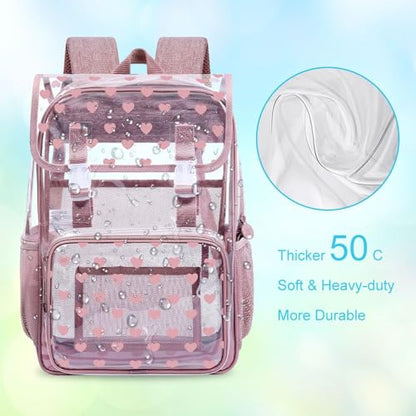 3Pcs Pink Clear Backpack for School, Girls Kids Transparent Bookbag Set, 17" Stadium Approved See Through Backpack with Lunch Box (Pink) - color: Pink Love01